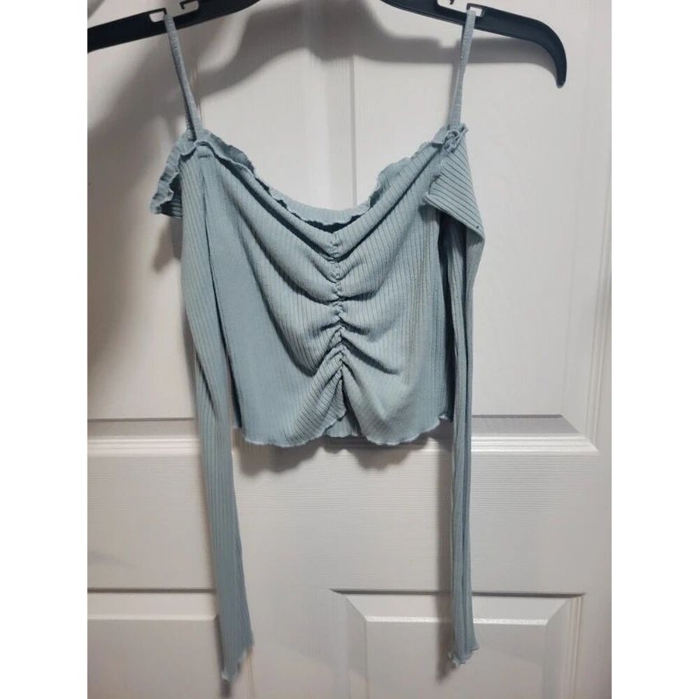 Off-the-Shoulder Dusty Blue Ribbed Crop Top with Cinched Ruched Front XS